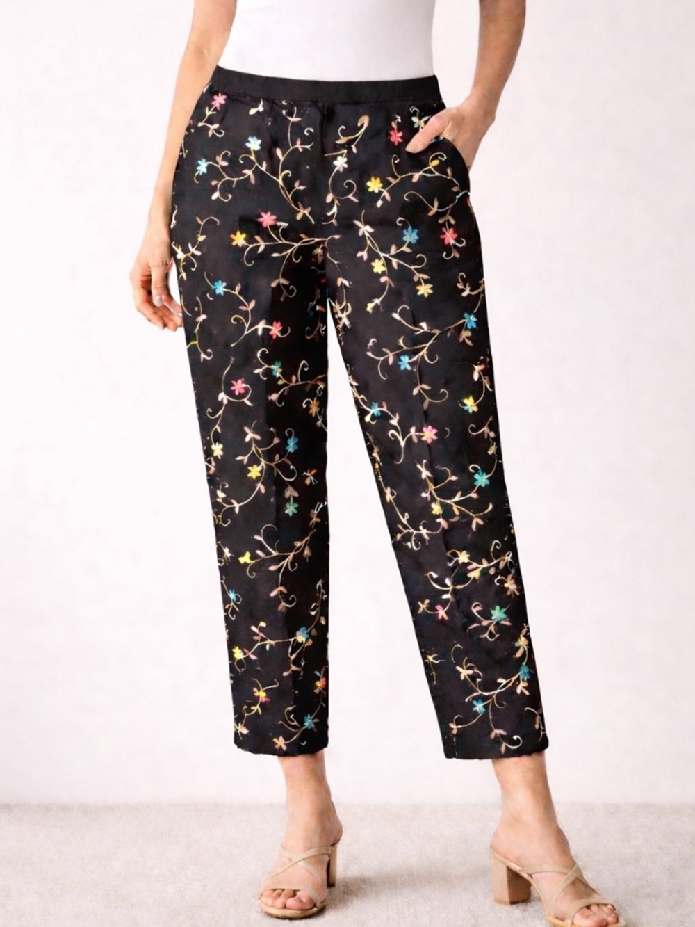Talbots Irish Linen Pants Black Embroidered Floral Cropped Straight Leg